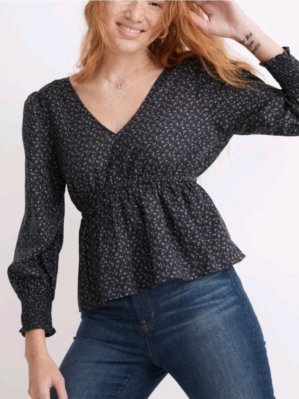 MADEWELL Tie-Back Peplum Top Womens XS Navy Blue Campden Daisies Cottegecore